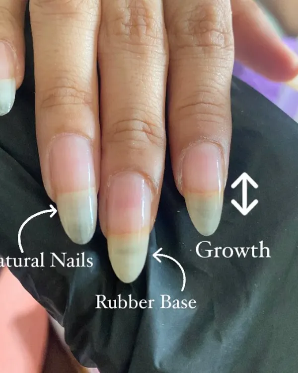 This is the power of a good gel overlay. This image shows the amazing natural nail growth a client achieved with the help of a protective rubber base coat.