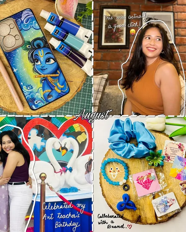 A little photo dump from my life in August. This collage shows a mix of my art, like the custom Krishna phone cover, and personal moments, like celebrating with my art teacher.