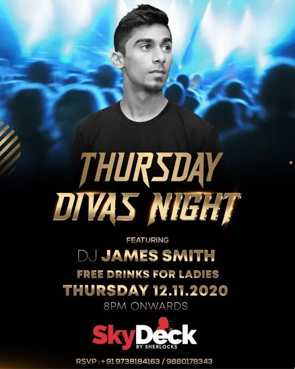 A flyer for my "Thursday Divas Night" at SkyDeck by Sherlock's. It's a mid-week party dedicated to the ladies with free drinks and great music.