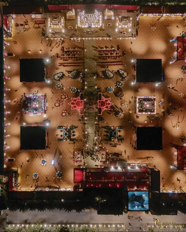 I see events as living landscapes. Here, an aerial view reveals the sheer scale and meticulous symmetry of a 4,000-guest wedding inspired by the Mysore Palace, where every path and structure was designed to create a grand, immersive experience.
