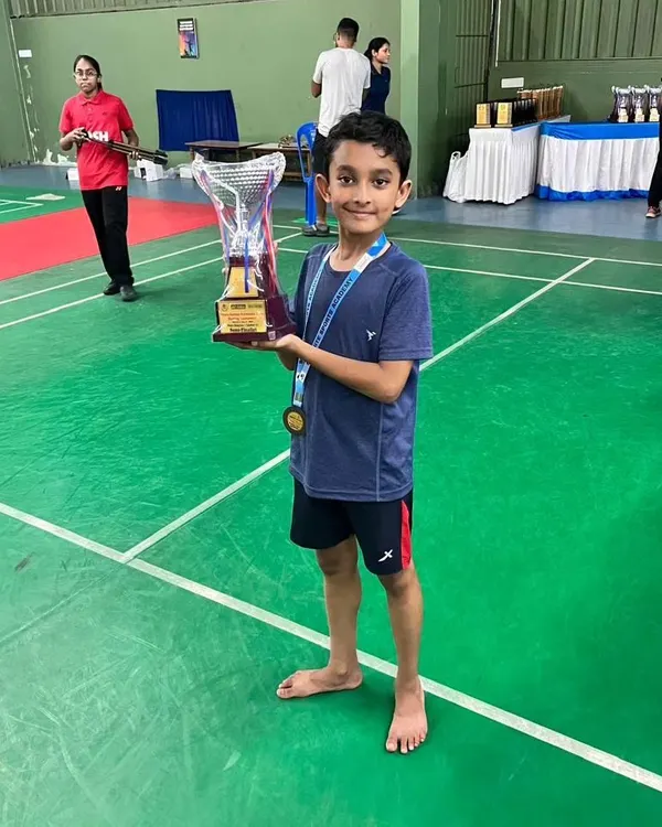 Celebrating Pratham, our trainee from JP Badminton Academy Vidyaranyapura, after he secured a Bronze medal in the U-11 boys singles at the 2024 Karnataka state ranking tournament.