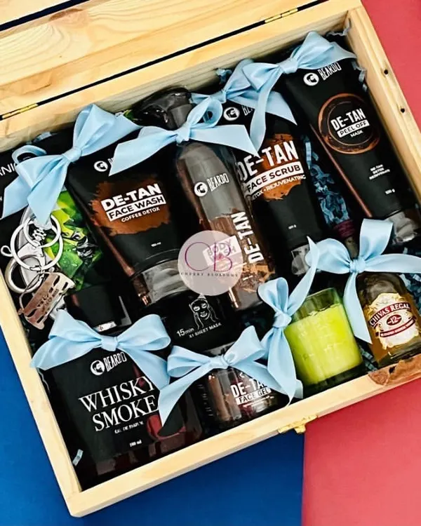 Men deserve the best too. We created this men's self-care birthday box featuring a full range of grooming products from Beardo, all packed in a rustic pinewood crate.