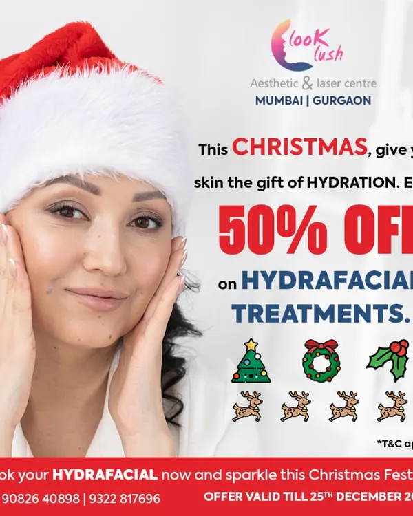 This Christmas, give your skin the gift of hydration. This graphic announces a special 50% discount on HydraFacial treatments to help you sparkle during the festive season.