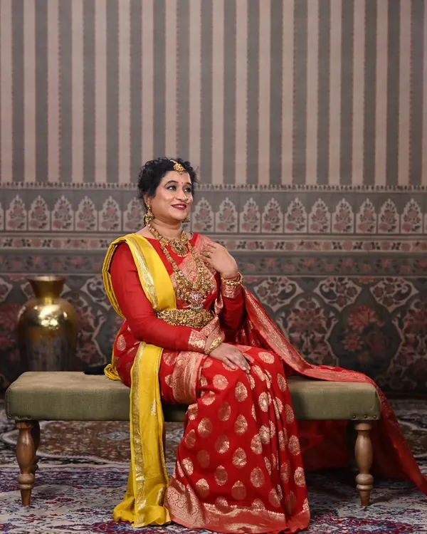 A beautiful shot from a masterclass I collaborated on. The model is wearing a grand temple jewellery set that contrasts beautifully with the rich red and yellow saree.