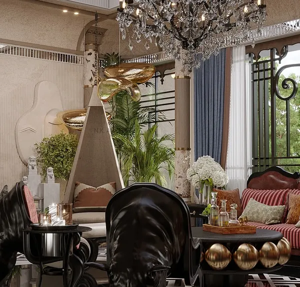A closer look at our maximalist living room design, where a stunning skylight floods the space with natural light and rich, layered decor brings warmth and depth. The intricate inlay flooring makes the space feel opulent and timeless.