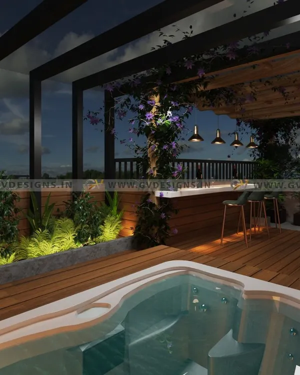 We create outdoor havens for relaxation and entertainment. This open terrace design features a jacuzzi, a custom bar under a pergola, and lush greenery, all set on a beautiful wooden deck with integrated ambient lighting.