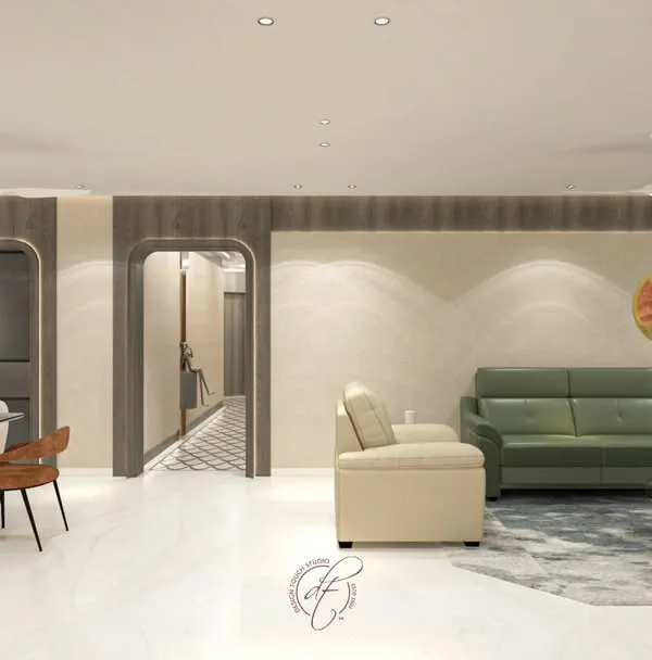 A 3D render of a contemporary living and dining area, showcasing an open-concept layout with arched doorways and a neutral palette accented with olive green and rust orange.