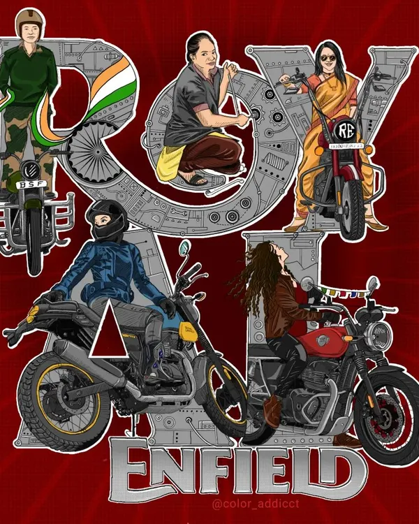 The final colored version of my 'Naari Shakti' illustration for Royal Enfield, celebrating women riders. The piece integrates different female figures into the letters 'ROYAL ENFIELD', each representing a different facet of womanhood and riding culture.