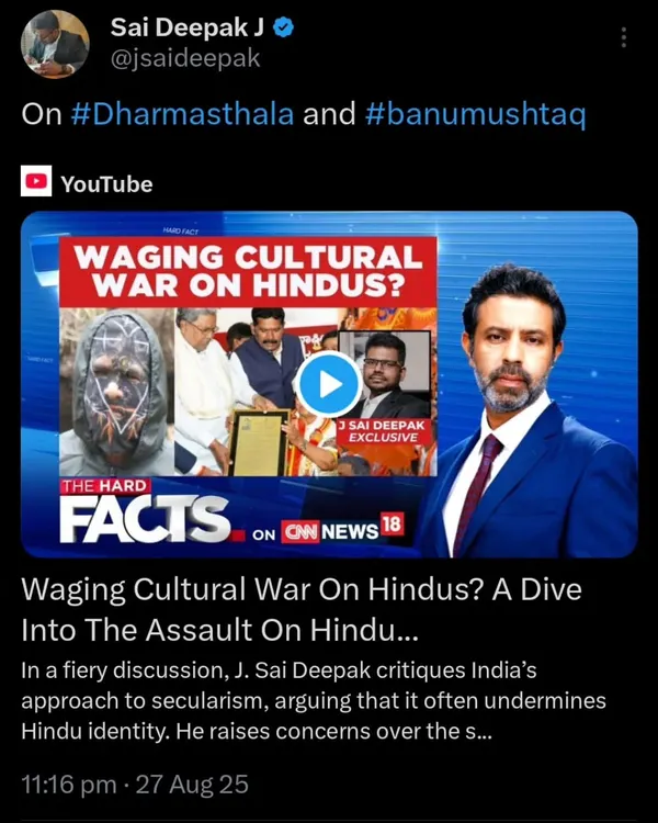 On CNN News18's "The Hard Facts," I discussed the concept of a "cultural war" on Hindus. My argument is that the assault is real, systemic, and requires a robust civilizational response.