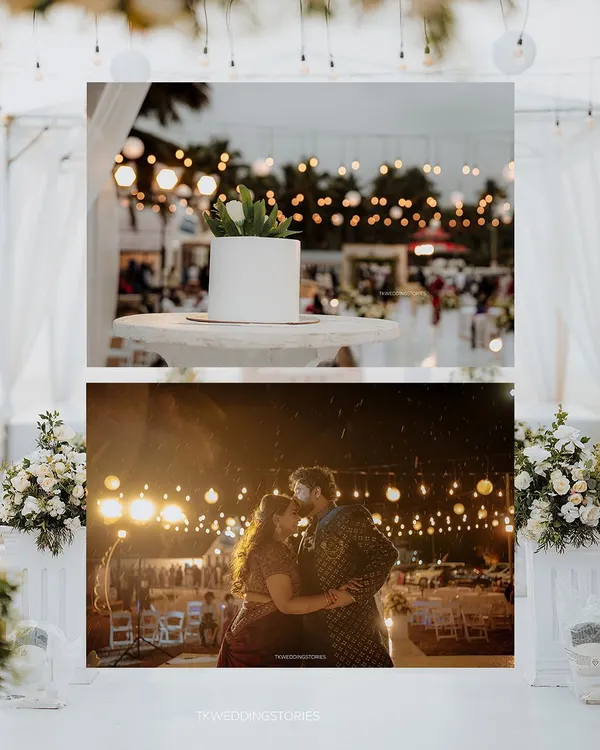 A collage capturing the magical ambiance of a wedding reception, with a focus on the beautifully lit decor, the cake, and a romantic dance.