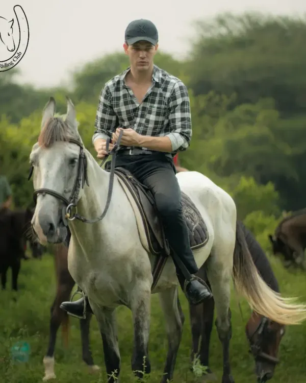 A rider looking confident and relaxed on his white horse. Our trail rides are suitable for all skill levels, and we ensure every guest feels comfortable and in control.