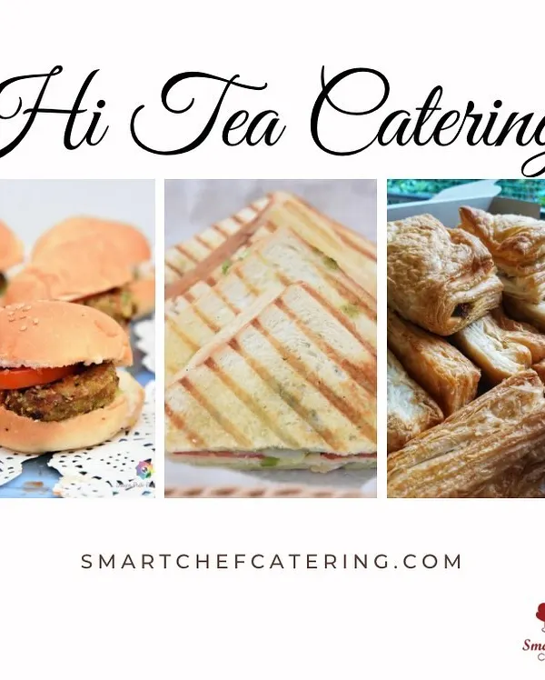 A collage showcasing some of the items that can go into my hi-tea snack boxes. Options include mini burgers, grilled sandwiches, and savory puffs.