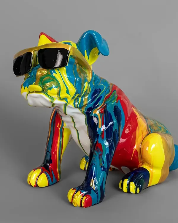 This colorful bulldog sculpture, a customer favorite, is the definition of quirky charm. The glossy, multi-color finish and stylish sunglasses make it a standout piece of pop art decor for any modern living space.
