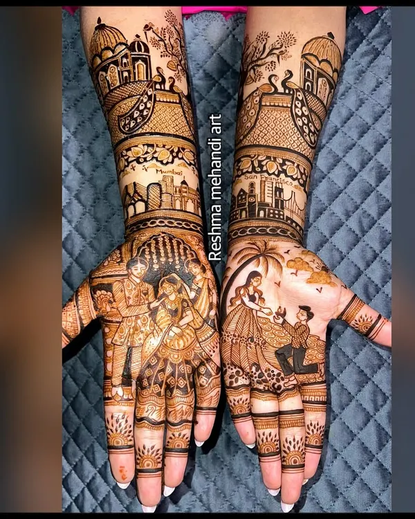 A showcase of advanced storytelling in henna. The left hand depicts a varmala ceremony, while the right captures a romantic proposal, demonstrating the ability to create two different narratives within one bridal set.