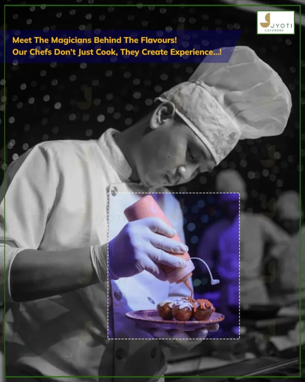 Our chefs don't just cook, they create experiences. This artistic shot captures a chef meticulously plating a dish, showcasing the focus and artistry that goes into our food.