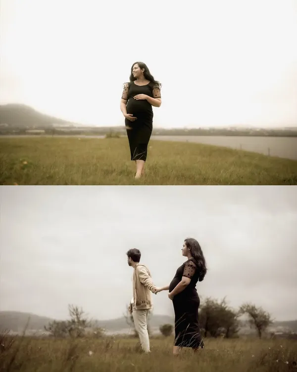 This collage shows the mom-to-be in two beautiful poses: one walking towards the camera and another with her partner, capturing both her individual strength and their shared journey.