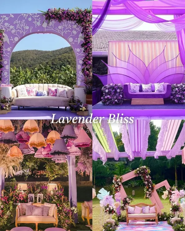 A mood board for our 'Lavender Bliss' theme. This concept uses various shades of purple in drapes, florals, and furniture to create a serene and unique atmosphere for any day event.
