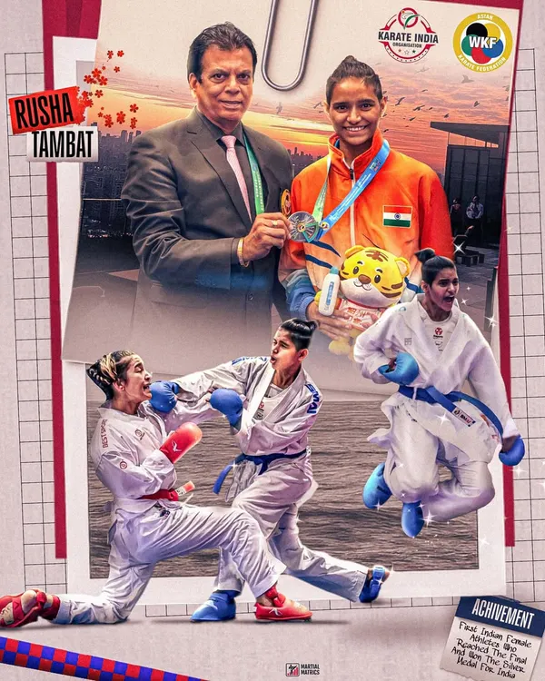 This is what we build. A complete journey from a dedicated karateka to an Asian Championship medalist. Here, I am with Rusha Tambat, a proud athlete from our Karate India Organisation (KIO), celebrating her silver medal. The collage captures her spirit in action, showcasing the dynamic kumite techniques that won her a place on the podium.