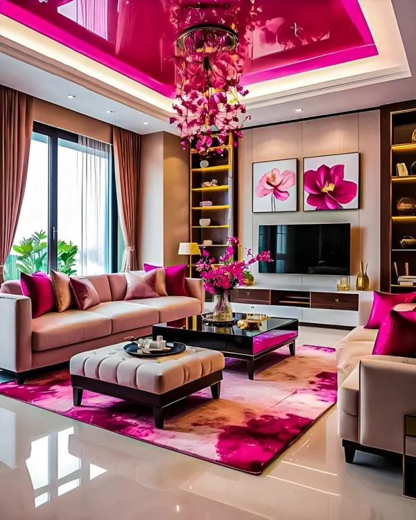 For a client who loves vibrant color, I created this living room with a dramatic pink and magenta palette. The glossy pink ceiling reflects the custom floral chandelier, creating a bold, glamorous space that's full of energy and personality.