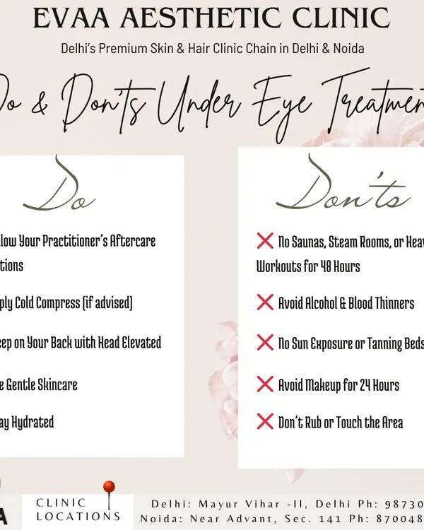 A clear list of Do's and Don'ts for after your under-eye treatment to ensure optimal healing and results, including avoiding sun exposure and applying cold compresses if advised.