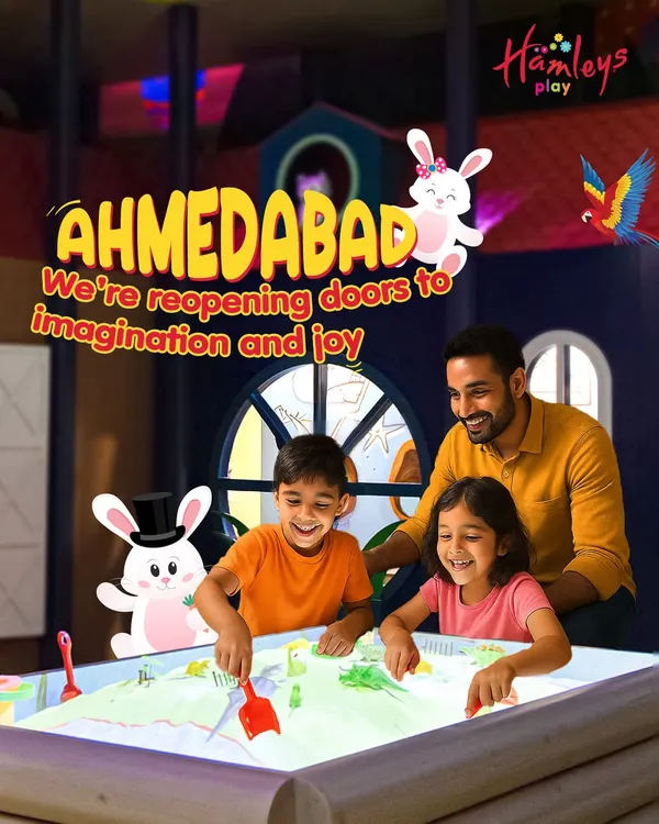 Ahmedabad, we're reopening doors to imagination and joy! This announcement graphic celebrates our return, inviting families to come and experience the magic of play once again.