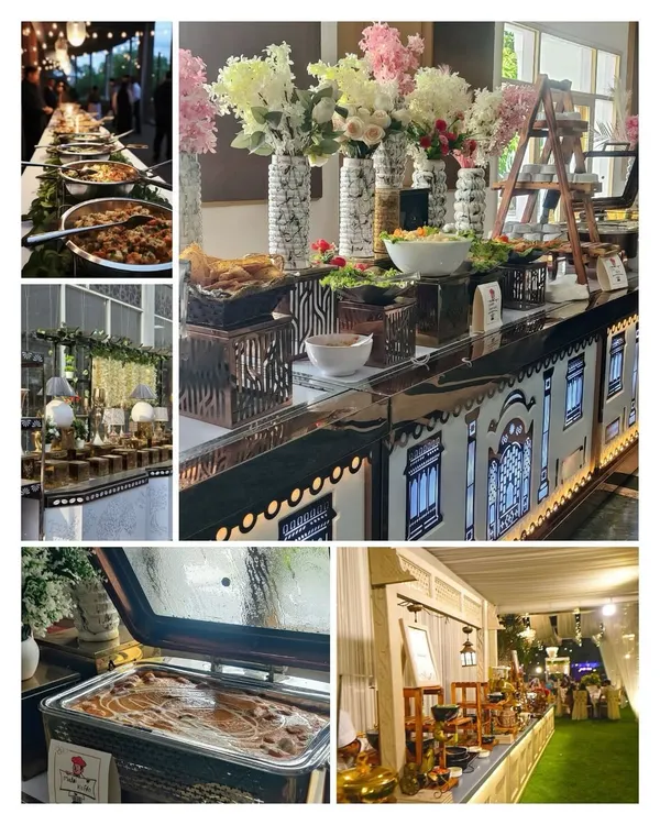 A collage showcasing the variety and elegance of our wedding catering. We focus on every detail, from the main course buffet and dessert counters to the overall presentation, ensuring a cohesive and luxurious dining experience.