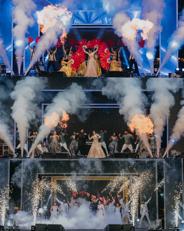 A Sangeet night is a full-blown production. I coordinate with choreographers and special effects teams to create high-impact stage performances, complete with fire, smoke, and professional dancers for a truly cinematic feel.