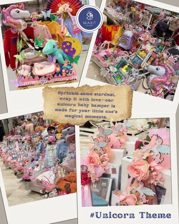 Sprinkle some stardust and wrap it with love. My unicorn-themed baby hampers, seen here in a large bulk order, are made for your little one's magical moments.