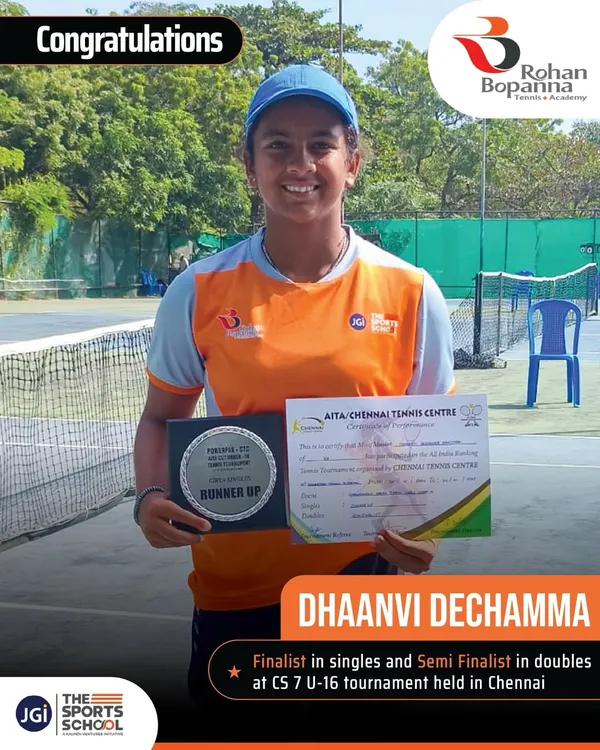 We congratulate our student, Dhaanvi Dechamma, for her fantastic performance as the singles finalist and doubles semi-finalist at the CS 7 U-16 tournament in Chennai. Your hard work is paying off!