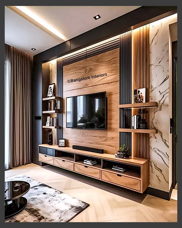 This floating TV unit combines a warm wood finish with black accents and a marble-patterned back panel. The design includes a mix of drawers and open shelves, providing both concealed storage and display space.