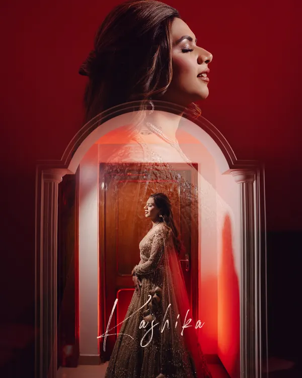A striking double exposure portrait for a pre-wedding event. This artistic technique blends two images to create a single, evocative picture that is both modern and timeless.