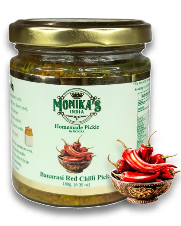 This is my Banarasi Red Chilli Pickle, made from sun-dried red chillies and a blend of traditional spices. It has a deep, robust heat that builds slowly, perfect for pairing with parathas or adding a kick to your curries.