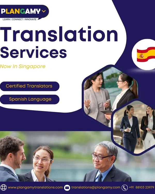 This graphic announces our certified Spanish translation services in Singapore. It features images of professionals in business settings, highlighting our focus on supporting corporate clients with their expansion into Spanish-speaking markets.