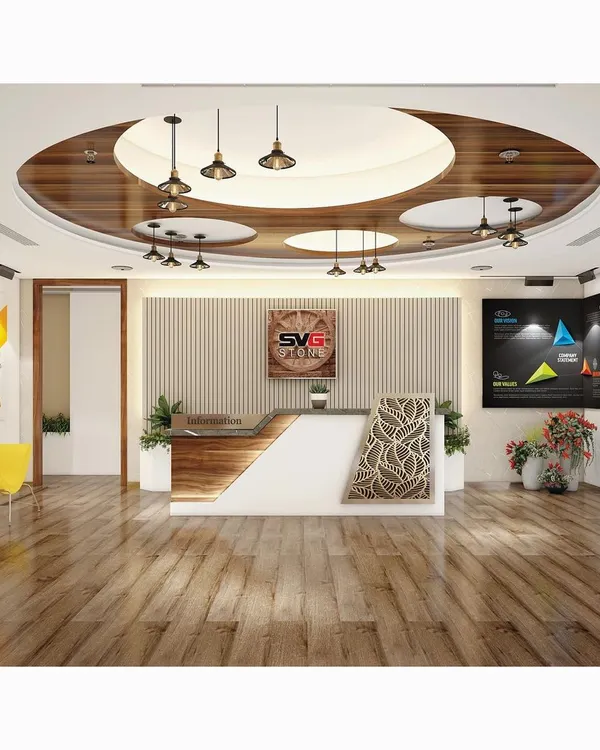 This 3D visualization shows our proposed design for the SVG Exports reception area. The concept features a dynamic ceiling with wood paneling, a clean, modern desk with patterned accents, and strategic lighting to create a professional and welcoming entry point.