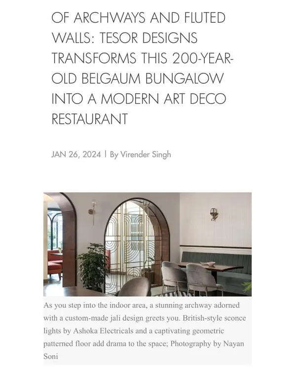 I was thrilled to see my Pink Verranda project featured in Elle Decor. The article highlights the transformation of a 200-year-old bungalow into a modern art deco restaurant, focusing on the archways and fluted walls.