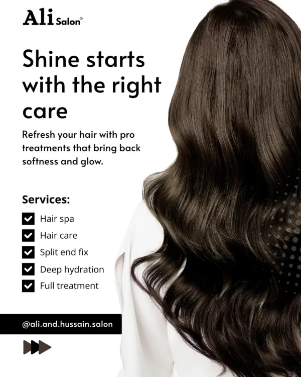 True shine starts with the right care. This graphic outlines my key repair services, including hair spa, deep hydration, and split end fixes, all designed to bring back softness and glow.