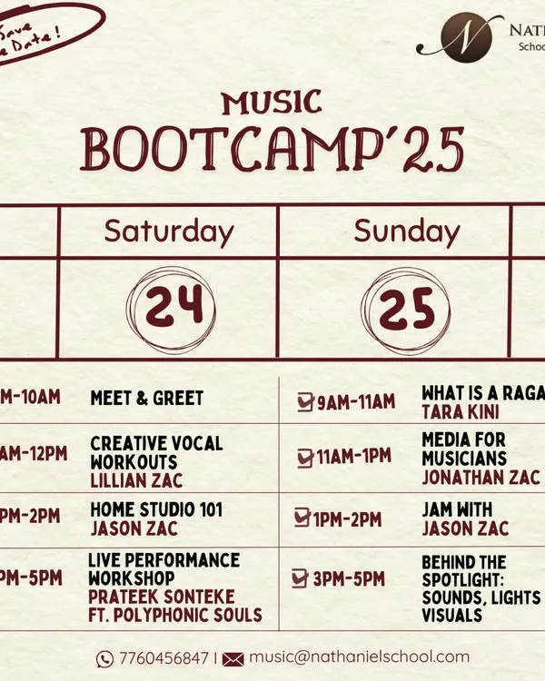 Our Music Bootcamps are intense, hands-on events for all skill levels. This schedule gives you a taste of the diverse topics we cover, from home studio production and vocal workouts to the technical side of live performance including sound, lights, and visuals.