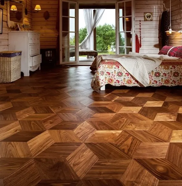 This 3D geometric wood pattern is for clients who want to make a bold statement. I meticulously plan and install each piece to create this stunning optical effect, turning the bedroom floor into a true feature.
