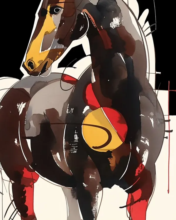 A series of stylized, abstract horse paintings. These artworks use bold lines and fragmented colors to capture the power and grace of the horse, making them a dynamic addition to any modern art collection.
