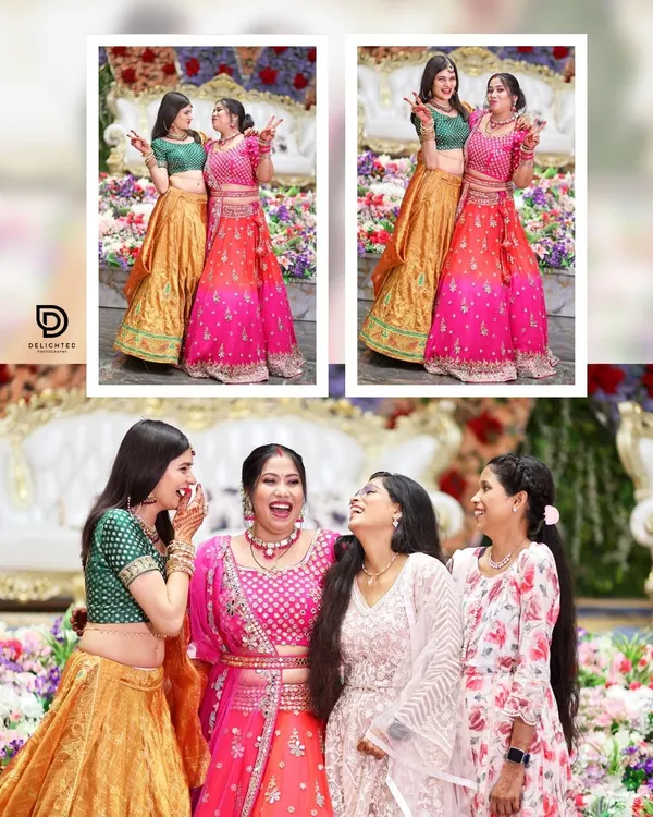 A collage capturing the fun and laughter between the bride and her bridesmaids. These candid shots show the joy and strong bond of friendship on the wedding day.