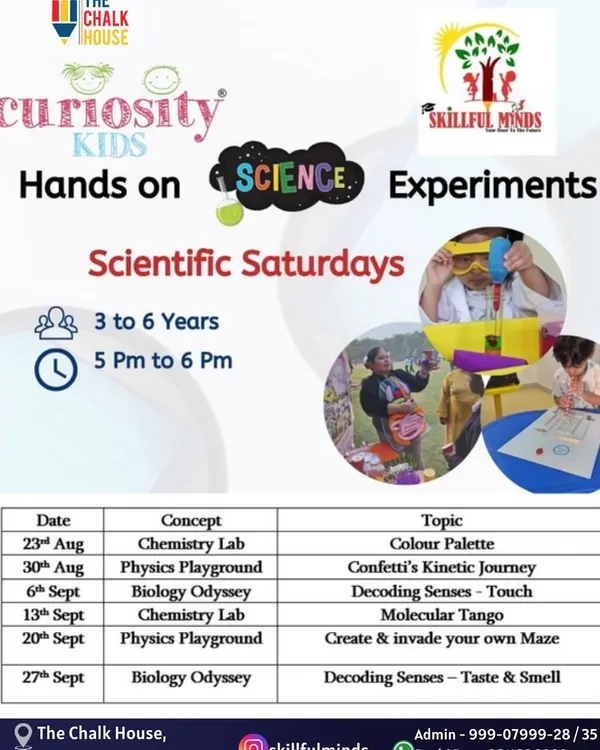 Our "Scientific Saturdays" flyer gives a peek into the hands-on science experiments we do. We explore concepts from chemistry, physics, and biology in a fun, accessible way for kids aged 3 to 6.