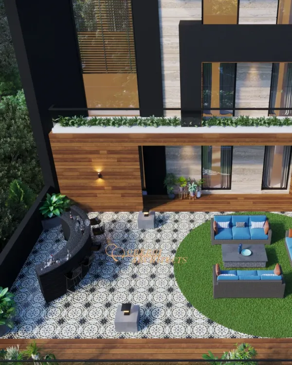 An expansive rooftop terrace designed for entertaining, featuring a custom curved bar, patterned tile flooring, and a dedicated lounge area on an artificial lawn.