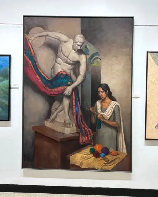 My award-winning 7x5 feet oil painting, "Knitting her thoughts." This piece explores the intersection of Western classicism and Indian identity.