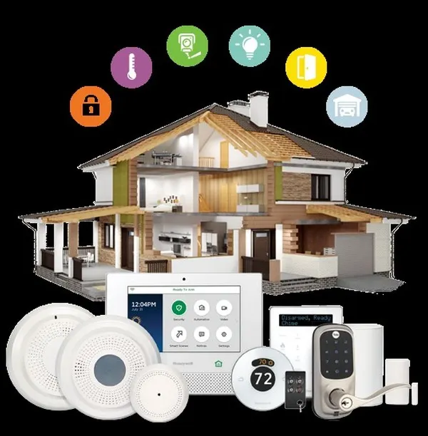 We design and install fully integrated smart home ecosystems. This cutaway view showcases a Honeywell system that centralizes control over security sensors, smart locks, thermostats, and lighting, all managed through a single, intuitive panel for complete home awareness and peace of mind.