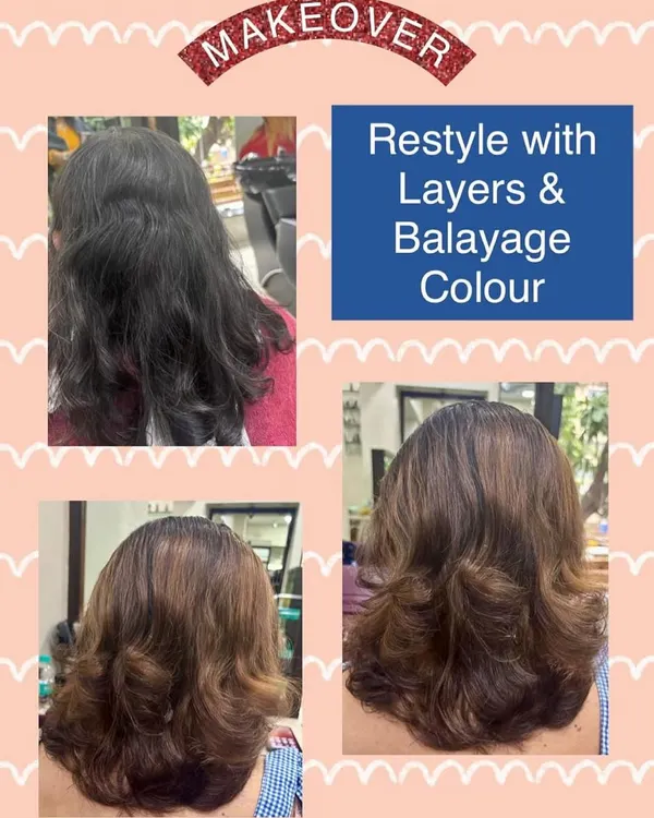 A beautiful hair makeover combining a layered cut with a warm balayage color. The hand-painted technique creates a seamless gradient from dark to light for a natural, sun-kissed finish.