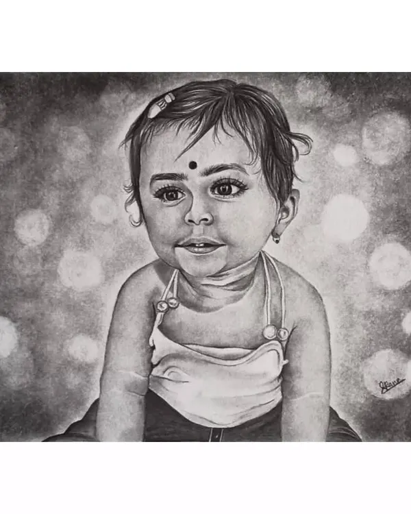 A hand-drawn portrait of a baby, capturing the soft features and innocent expression with a beautiful bokeh background effect created with graphite pencils. This is a perfect example of a custom baby sketch for a nursery or as a family keepsake.