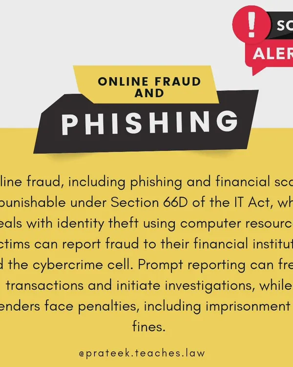 This informational graphic defines online fraud and phishing, highlighting that it is punishable under Section 66D of the IT Act. It provides initial action steps for victims, such as reporting to financial institutions and the cybercrime cell, which can help freeze transactions and initiate investigations.