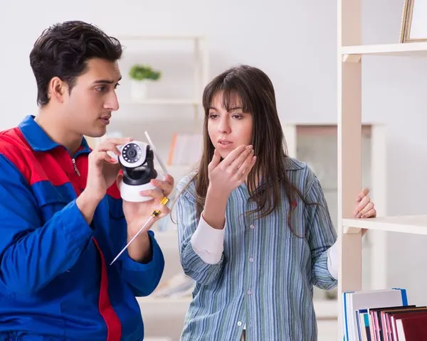 Our technician is explaining a camera issue to a homeowner. We believe in clear communication, ensuring you understand the problem and the solution before we begin any repair work.