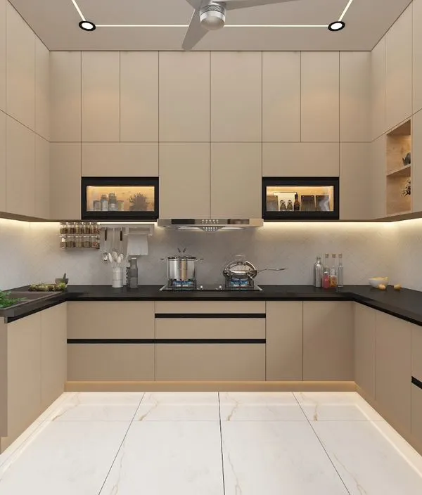 A 3D render of a U-shaped modular kitchen in a neutral beige tone with a black countertop. This visualization helps in planning the layout, appliance placement, and color scheme to perfection.