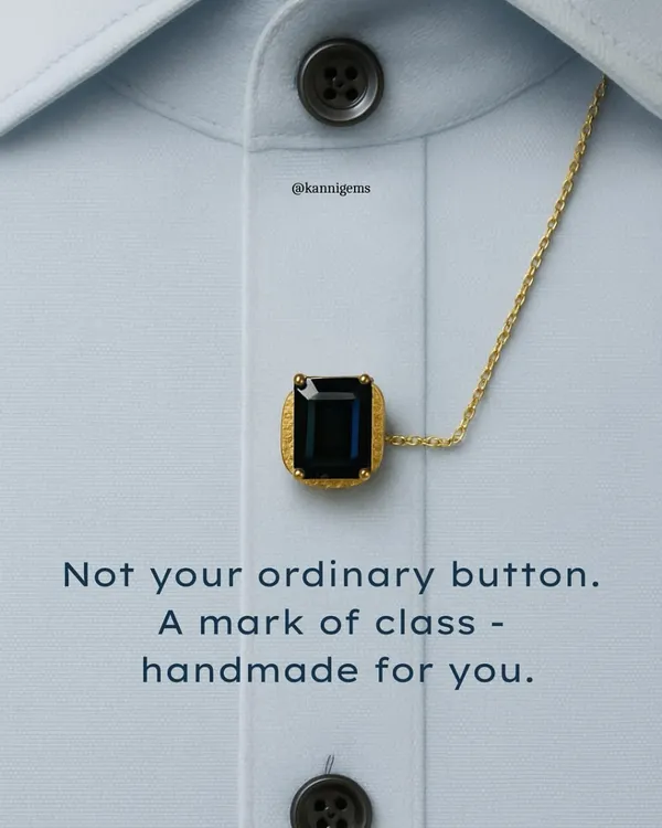 Not your ordinary button, but a mark of class, handmade for you. This custom shirt button, featuring a deep blue gemstone, is a handcrafted detail that speaks volumes.